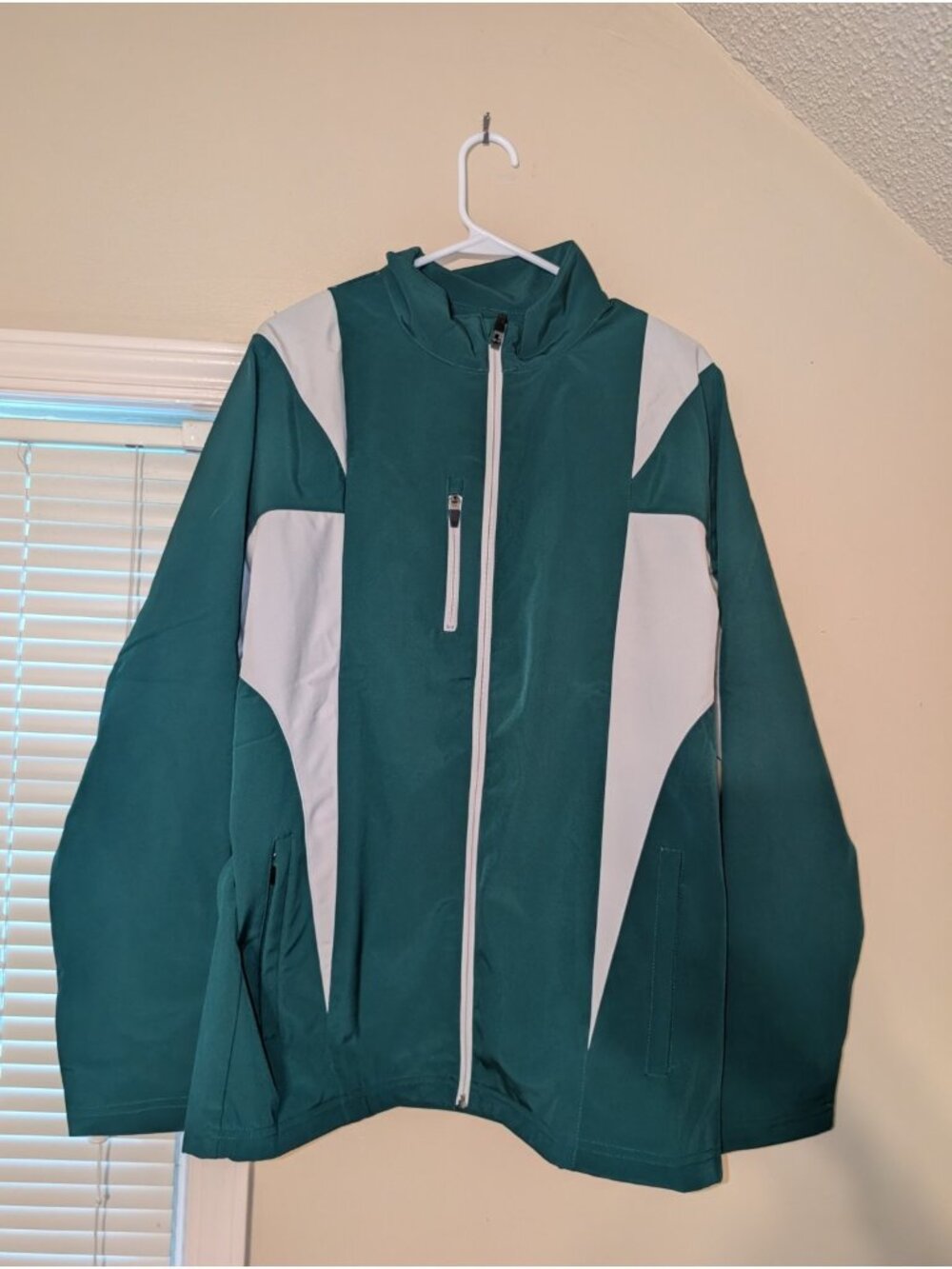 Team 365 Jacket Mens L Green White Long Sleeve Zip Up Windbreaker Sport Retro